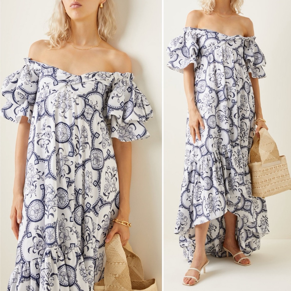 Andres Otalora Raquira Off-Shoulder Floral Tile Maxi Dress Blue White Size 4 - Picture 4 of 12